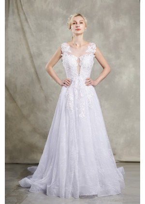 Plunging V Neck Beaded White Lace Tulle Illusion Back Wedding Dress